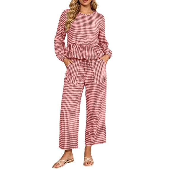 Szluipve 2 Piece Sets for Women Gingham Plaid Round Neck Long Sleeve Ruffle Peplum Top And Drawstring Wide Leg Cropped Pants 2 Piece Outfit Casual Loungewear Set With Pockets Red S