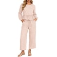 thumbnail image 1 of Szluipve 2 Piece Sets for Women Gingham Plaid Round Neck Long Sleeve Ruffle Peplum Top And Drawstring Wide Leg Cropped Pants 2 Piece Outfit Casual Loungewear Set With Pockets Pink XL, 1 of 6