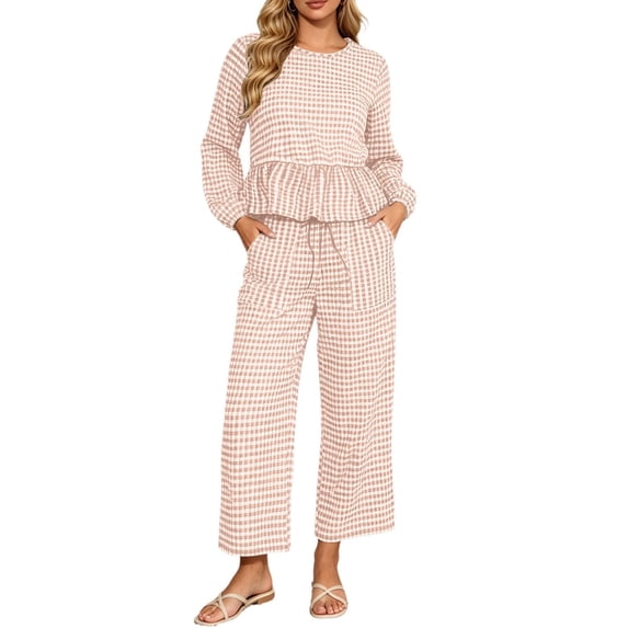 Szluipve 2 Piece Sets for Women Gingham Plaid Round Neck Long Sleeve Ruffle Peplum Top And Drawstring Wide Leg Cropped Pants 2 Piece Outfit Casual Loungewear Set With Pockets Pink XL