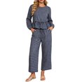thumbnail image 1 of Szluipve 2 Piece Sets for Women Gingham Plaid Round Neck Long Sleeve Ruffle Peplum Top And Drawstring Wide Leg Cropped Pants 2 Piece Outfit Casual Loungewear Set With Pockets Dark Blue L, 1 of 6
