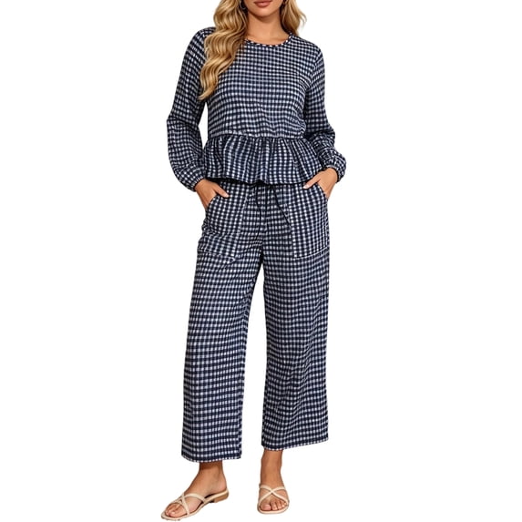 Szluipve 2 Piece Sets for Women Gingham Plaid Round Neck Long Sleeve Ruffle Peplum Top And Drawstring Wide Leg Cropped Pants 2 Piece Outfit Casual Loungewear Set With Pockets Dark Blue L