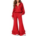 thumbnail image 1 of Szluipve 2 Piece Sets for Women Half Zip Hooded 2 Piece Tracksuit Set Long Sleeve Pullover Hoodie Top & Ruffle Hem Flare Wide Leg Pants Casual Loungewear Outfit with Pockets Red M, 1 of 8