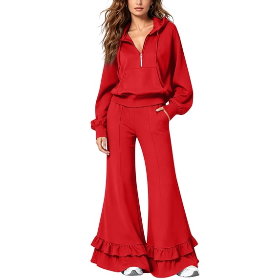 Szluipve 2 Piece Sets for Women Half Zip Hooded 2 Piece Tracksuit Set Long Sleeve Pullover Hoodie Top & Ruffle Hem Flare Wide Leg Pants Casual Loungewear Outfit with Pockets Red M