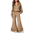 thumbnail image 1 of Szluipve 2 Piece Sets for Women Half Zip Hooded 2 Piece Tracksuit Set Long Sleeve Pullover Hoodie Top & Ruffle Hem Flare Wide Leg Pants Casual Loungewear Outfit with Pockets Khaki L, 1 of 8