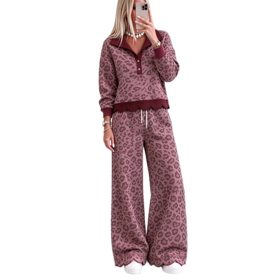 Szluipve 2 Piece Sets for Women Leopard Print 2 Piece Outfit Button Collar Long Sleeve Scalloped Hem Top High Waist Wide Leg Pants Casual Loungewear Tracksuit Set Wine M
