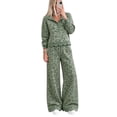 thumbnail image 1 of Szluipve 2 Piece Sets for Women Leopard Print 2 Piece Outfit Button Collar Long Sleeve Scalloped Hem Top High Waist Wide Leg Pants Casual Loungewear Tracksuit Set Green M, 1 of 3