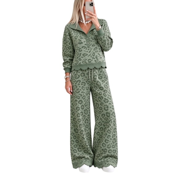 Szluipve 2 Piece Sets for Women Leopard Print 2 Piece Outfit Button Collar Long Sleeve Scalloped Hem Top High Waist Wide Leg Pants Casual Loungewear Tracksuit Set Green M