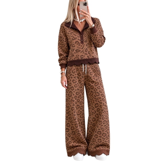 Szluipve 2 Piece Sets for Women Leopard Print 2 Piece Outfit Button Collar Long Sleeve Scalloped Hem Top High Waist Wide Leg Pants Casual Loungewear Tracksuit Set Brown L