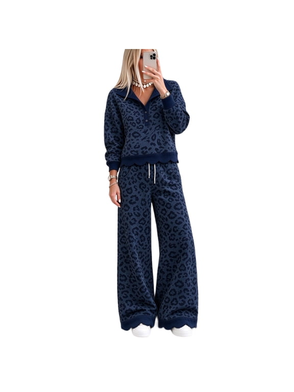 2 Piece Sets for Women Leopard Print 2 Piece Outfit Button Collar Long Sleeve Scalloped Hem Top High Waist Wide Leg Pants Casual Loungewear Tracksuit Set Navy XXL