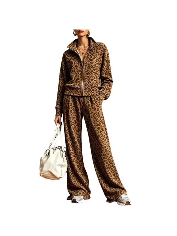 2 Piece Sets for Women Leopard Print 2 Piece Tracksuit Zip Up Stand Collar Jacket Elastic Waist Wide Leg Pants Casual Loungewear Outfit Set Brown M