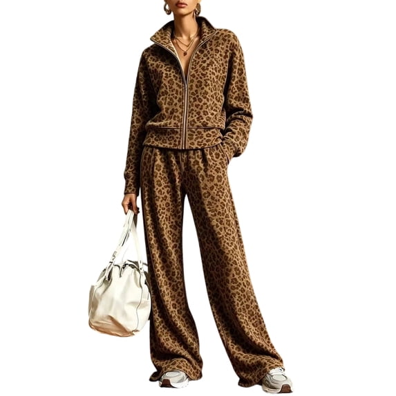 Szluipve 2 Piece Sets for Women Leopard Print 2 Piece Tracksuit Zip Up Stand Collar Jacket Elastic Waist Wide Leg Pants Casual Loungewear Outfit Set Brown XXL