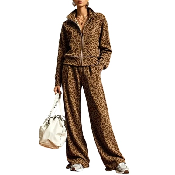 Szluipve 2 Piece Sets for Women Leopard Print 2 Piece Tracksuit Zip Up Stand Collar Jacket Elastic Waist Wide Leg Pants Casual Loungewear Outfit Set Brown XXL