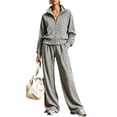 thumbnail image 1 of Szluipve 2 Piece Sets for Women Leopard Print 2 Piece Tracksuit Zip Up Stand Collar Jacket Elastic Waist Wide Leg Pants Casual Loungewear Outfit Set Gray M, 1 of 7