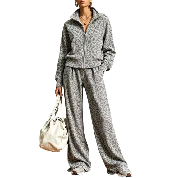 Szluipve 2 Piece Sets for Women Leopard Print 2 Piece Tracksuit Zip Up Stand Collar Jacket Elastic Waist Wide Leg Pants Casual Loungewear Outfit Set Gray M