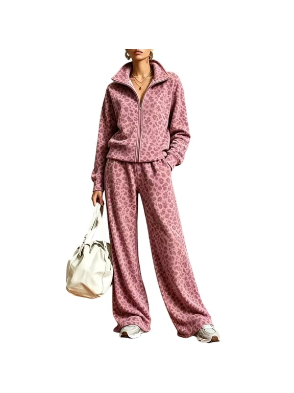 2 Piece Sets for Women Leopard Print 2 Piece Tracksuit Zip Up Stand Collar Jacket Elastic Waist Wide Leg Pants Casual Loungewear Outfit Set Pink M