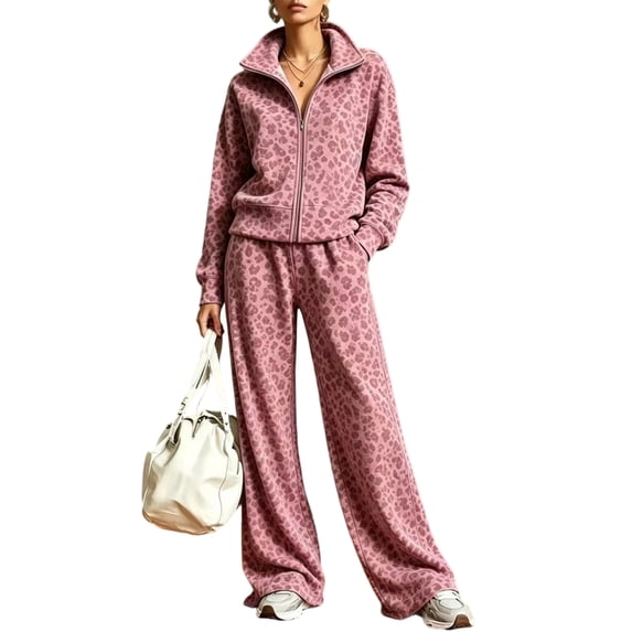 Szluipve 2 Piece Sets for Women Leopard Print 2 Piece Tracksuit Zip Up Stand Collar Jacket Elastic Waist Wide Leg Pants Casual Loungewear Outfit Set Pink XL