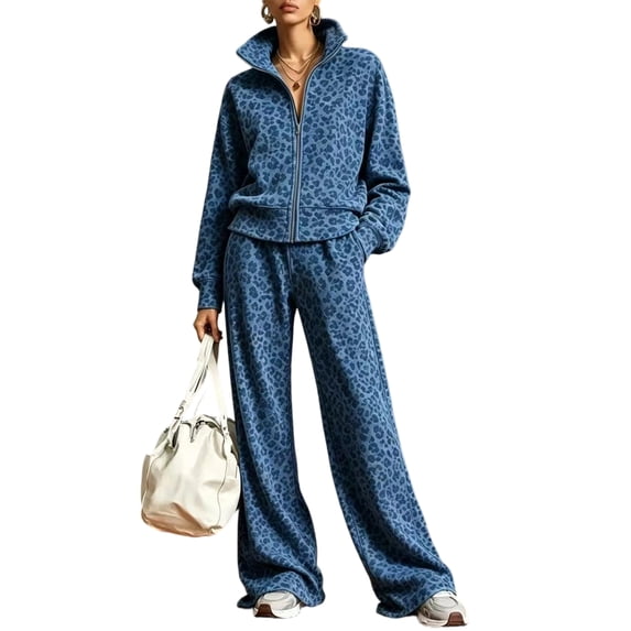 Szluipve 2 Piece Sets for Women Leopard Print 2 Piece Tracksuit Zip Up Stand Collar Jacket Elastic Waist Wide Leg Pants Casual Loungewear Outfit Set Royal Blue XXL
