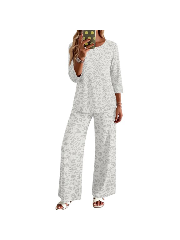 2 Piece Sets for Women Leopard Print 3/4 Sleeve Round Neck Loose Top Wide Leg Pants Set Casual Loungewear Two Piece Outfit For Ladies Light Gray S