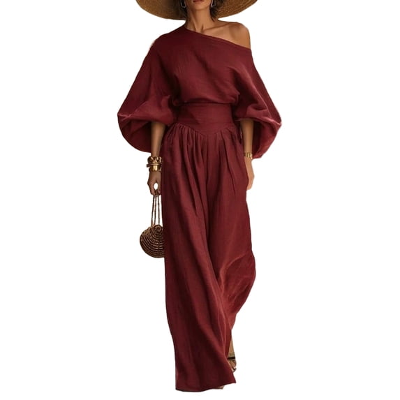 Szluipve 2 Piece Sets for Women Off‑Shoulder 2 Piece Outfits Puff Long Sleeve Slanted Shoulder Top & High Waist Pleated Wide Leg Pants Casual Vacation Matching Set Wine 2XL