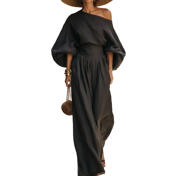 Szluipve 2 Piece Sets for Women Off‑Shoulder 2 Piece Outfits Puff Long Sleeve Slanted Shoulder Top & High Waist Pleated Wide Leg Pants Casual Vacation Matching Set Black L