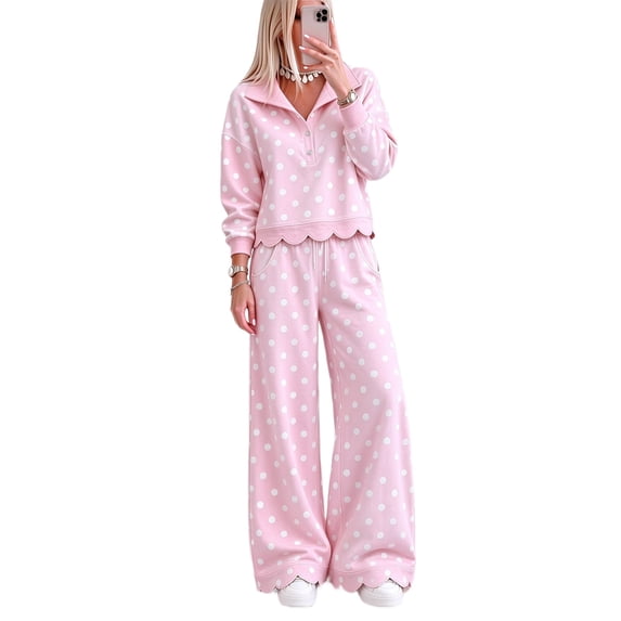 Szluipve 2 Piece Sets for Women Polka Dot 2 Piece Outfit Button Lapel Collar Long Sleeve Scalloped Hem Top High Waist Wide Leg Pants Casual Loungewear Tracksuit Set Pink S