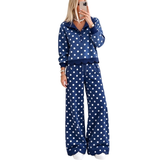 Szluipve 2 Piece Sets for Women Polka Dot 2 Piece Outfit Button Lapel Collar Long Sleeve Scalloped Hem Top High Waist Wide Leg Pants Casual Loungewear Tracksuit Set Navy L