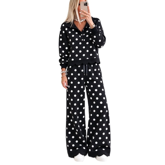 Szluipve 2 Piece Sets for Women Polka Dot 2 Piece Outfit Button Lapel Collar Long Sleeve Scalloped Hem Top High Waist Wide Leg Pants Casual Loungewear Tracksuit Set Black S