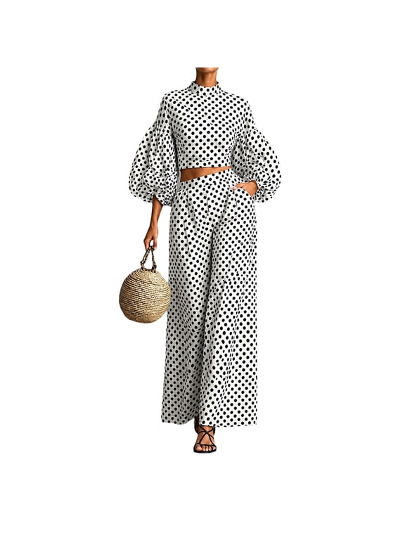 2 Piece Sets for Women Polka Dot 2 Piece Outfit Mock Neck Lantern Sleeve Crop Top High Waist Wide Leg Pants Elegant Vacation Matching Set