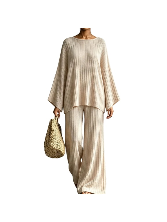 2 Piece Sets for Women Ribbed Knit 2 Piece Loungewear Set Round Neck Flare Long Sleeve Top High Waist Wide Leg Pants Solid Color Casual Outfit Suit Beige XXL