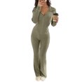 thumbnail image 1 of Szluipve Women Ribbed Knit 2 Piece Outfit Zip Up Hooded Long Sleeve Top High Waist Flare Pants Set Slim Fit Casual Matching Tracksuit, 1 of 6