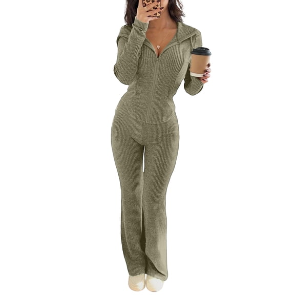 Szluipve Women Ribbed Knit 2 Piece Outfit Zip Up Hooded Long Sleeve Top High Waist Flare Pants Set Slim Fit Casual Matching Tracksuit