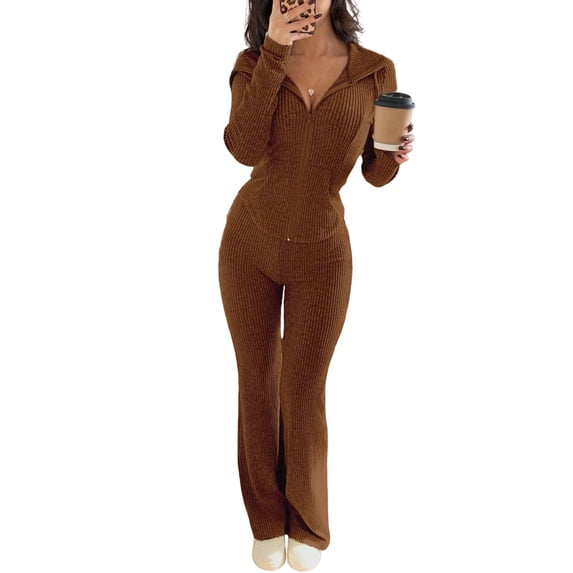 Szluipve Women Ribbed Knit 2 Piece Outfit Zip Up Hooded Long Sleeve Top High Waist Flare Pants Set Slim Fit Casual Matching Tracksuit