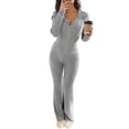 thumbnail image 1 of Szluipve Women Ribbed Knit 2 Piece Outfit Zip Up Hooded Long Sleeve Top High Waist Flare Pants Set Slim Fit Casual Matching Tracksuit, 1 of 6