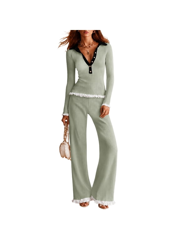 2 Piece Sets for Women Ribbed Knit 2 Piece Outfits Contrast Collar Long Sleeve Button V‑Neck Top Ruffle Trim Flare Pants Set Casual Lounge Matching Suit Green XL