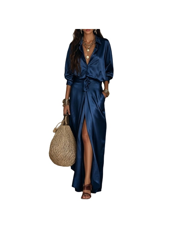 2 Piece Sets for Women Satin 2 Piece Outfit V Neck Long Sleeve Button Down Shirt High Waist Wrap Split Maxi Skirt Set with Pockets Elegant Casual Party Matching Suit