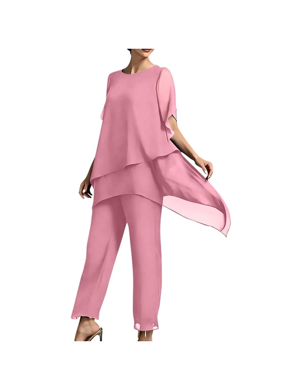 2 Piece Sets for Women Solid Chiffon Irregular Layered Short Sleeve Top And Wide Leg Pants 2 Piece Outfit Elegant Loose Formal Wedding Guest Matching Suit Pink L