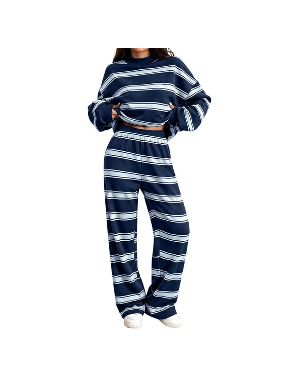 2 Piece Sets for Women Striped Print 2 Piece Loungewear Set Mock Neck Long Sleeve Sweatshirt Top Elastic Waist Wide Leg Pants Casual Outfit Dark Blue L