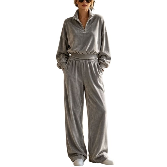 Szluipve 2 Piece Sets for Women Velour 2 Piece Tracksuit Half Zip Stand Collar Long Sleeve Top Elastic Waist Wide Leg Pants Casual Velvet Loungewear Outfit Gray L