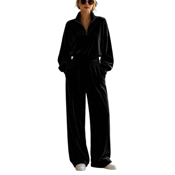 Szluipve 2 Piece Sets for Women Velour 2 Piece Tracksuit Half Zip Stand Collar Long Sleeve Top Elastic Waist Wide Leg Pants Casual Velvet Loungewear Outfit Black XL