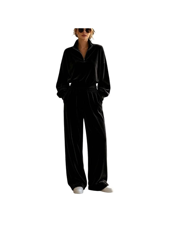 2 Piece Sets for Women Velour 2 Piece Tracksuit Half Zip Stand Collar Long Sleeve Top Elastic Waist Wide Leg Pants Casual Velvet Loungewear Outfit Black L