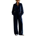 thumbnail image 1 of Szluipve 2 Piece Sets for Women Velour 2 Piece Tracksuit Half Zip Stand Collar Long Sleeve Top Elastic Waist Wide Leg Pants Casual Velvet Loungewear Outfit Dark Blue S, 1 of 8