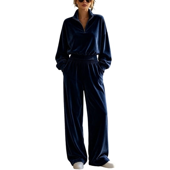 Szluipve 2 Piece Sets for Women Velour 2 Piece Tracksuit Half Zip Stand Collar Long Sleeve Top Elastic Waist Wide Leg Pants Casual Velvet Loungewear Outfit Dark Blue S