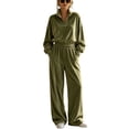 thumbnail image 1 of Szluipve 2 Piece Sets for Women Velour 2 Piece Tracksuit Half Zip Stand Collar Long Sleeve Top Elastic Waist Wide Leg Pants Casual Velvet Loungewear Outfit Army Green M, 1 of 8