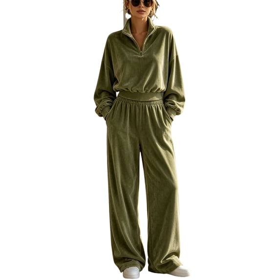 Szluipve 2 Piece Sets for Women Velour 2 Piece Tracksuit Half Zip Stand Collar Long Sleeve Top Elastic Waist Wide Leg Pants Casual Velvet Loungewear Outfit Army Green M