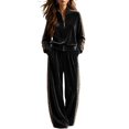 thumbnail image 1 of Szluipve 2 Piece Sets for Women Velour Tracksuit 2 Piece Outfit Half Zip Stand Collar Top Leopard Print Side Stripe Wide Leg Pants Casual Loungewear Set Black XL, 1 of 7