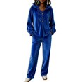 thumbnail image 1 of Szluipve 2 Piece Sets for Women Velour Tracksuit 2 Piece Outfits Hooded Henley Button Long Sleeve Top & Wide Leg Pants Casual Soft Loungewear Set with Pockets Blue L, 1 of 9