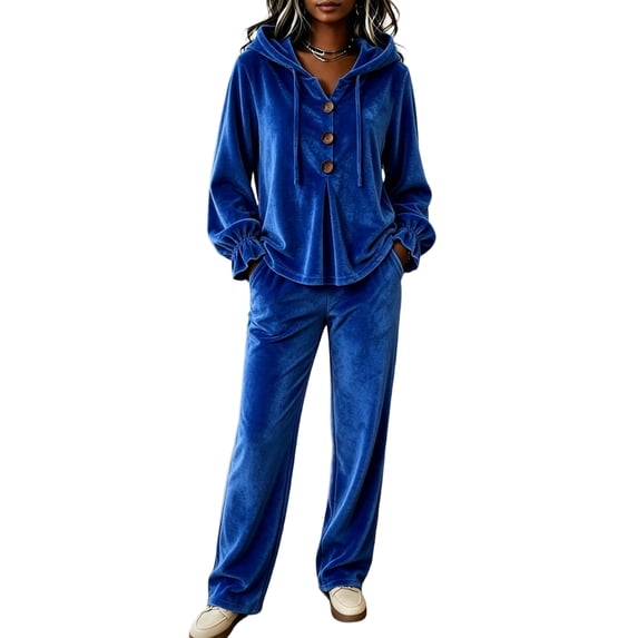 Szluipve 2 Piece Sets for Women Velour Tracksuit 2 Piece Outfits Hooded Henley Button Long Sleeve Top & Wide Leg Pants Casual Soft Loungewear Set with Pockets Blue L