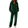 thumbnail image 1 of Szluipve 2 Piece Sets for Women Velour Tracksuit 2 Piece Outfits Hooded Henley Button Long Sleeve Top & Wide Leg Pants Casual Soft Loungewear Set with Pockets Dark Green XL, 1 of 9