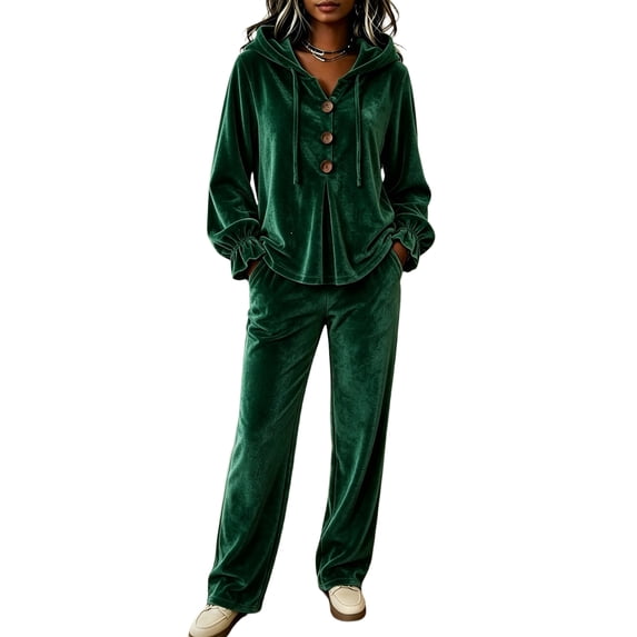 Szluipve 2 Piece Sets for Women Velour Tracksuit 2 Piece Outfits Hooded Henley Button Long Sleeve Top & Wide Leg Pants Casual Soft Loungewear Set with Pockets Dark Green XL