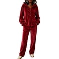 thumbnail image 1 of Szluipve 2 Piece Sets for Women Velour Tracksuit 2 Piece Outfits Hooded Henley Button Long Sleeve Top & Wide Leg Pants Casual Soft Loungewear Set with Pockets Red 2XL, 1 of 9